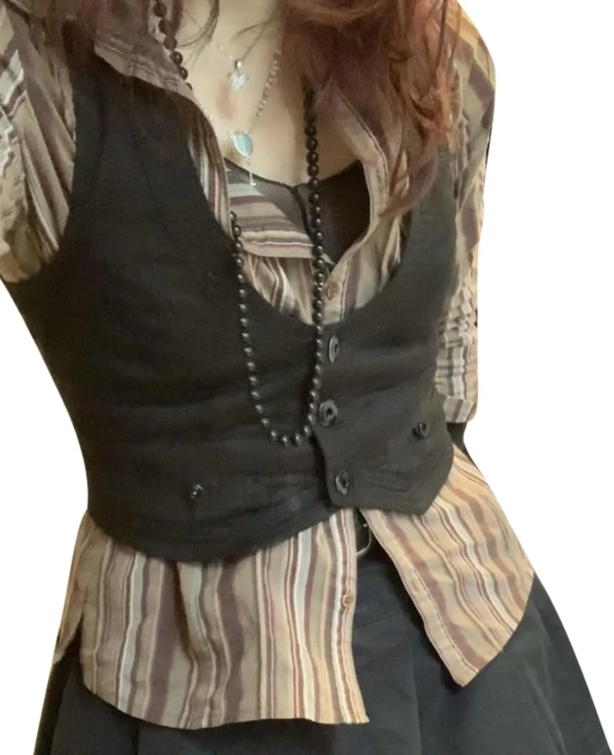 Y2K Button Down Dressy Vest Retro Vintage Black Cute Frill Sleeveless Crop Top Vest 90S Grunge Shirts