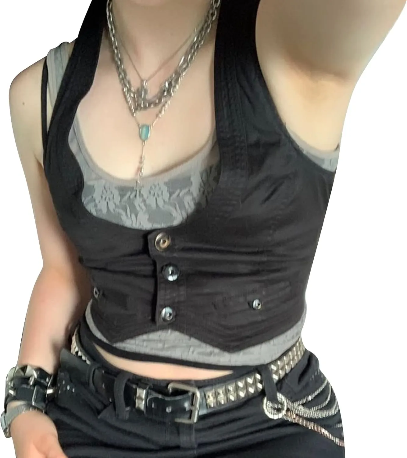 Y2K Button Down Dressy Vest Retro Vintage Black Cute Frill Sleeveless Crop Top Vest 90S Grunge Shirts