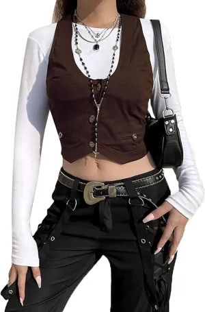 Y2K Button Down Dressy Vest Retro Vintage Black Cute Frill Sleeveless Crop Top Vest 90S Grunge Shirts