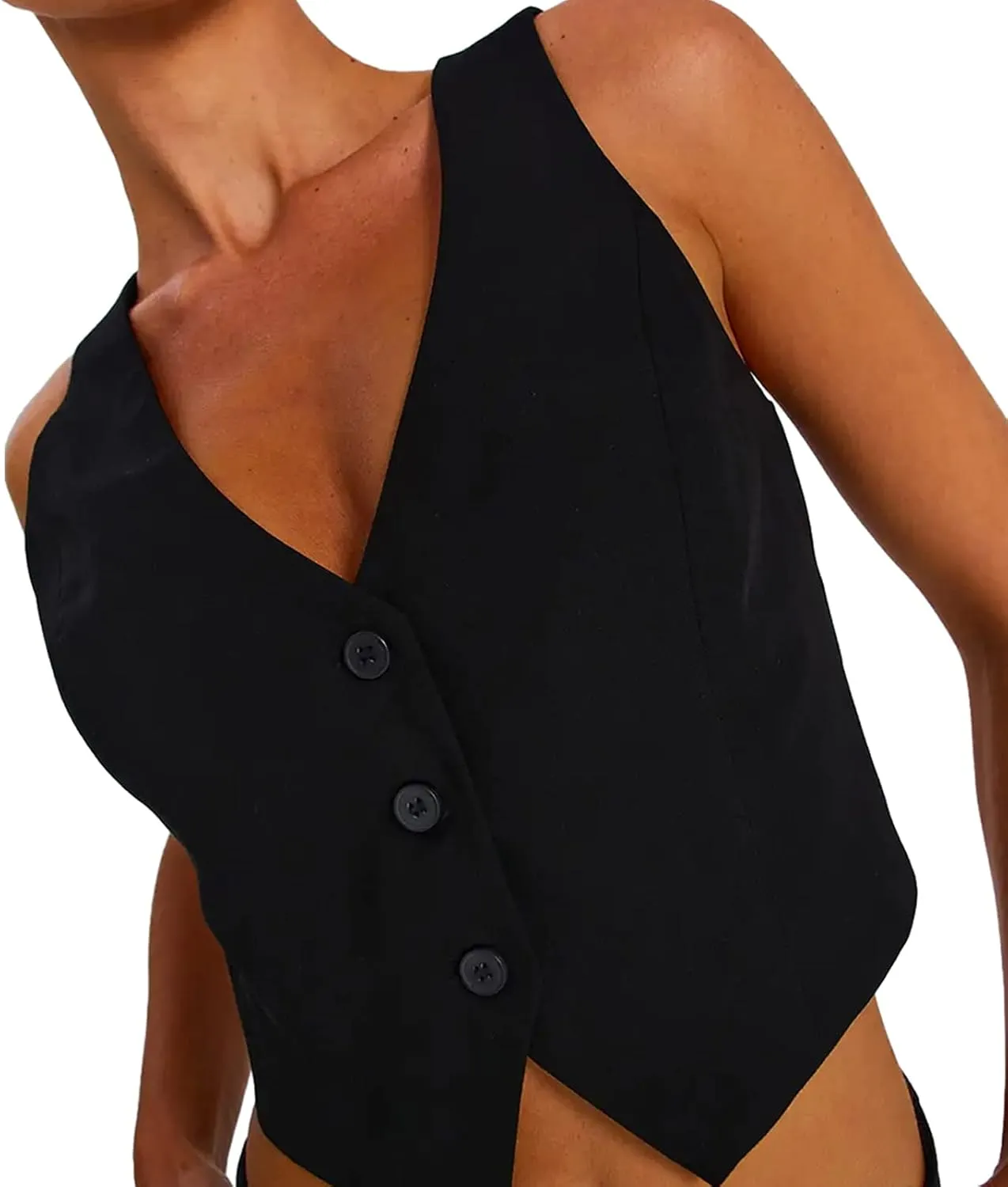 Y2K Button Down Dressy Vest Retro Vintage Black Cute Frill Sleeveless Crop Top Vest 90S Grunge Shirts