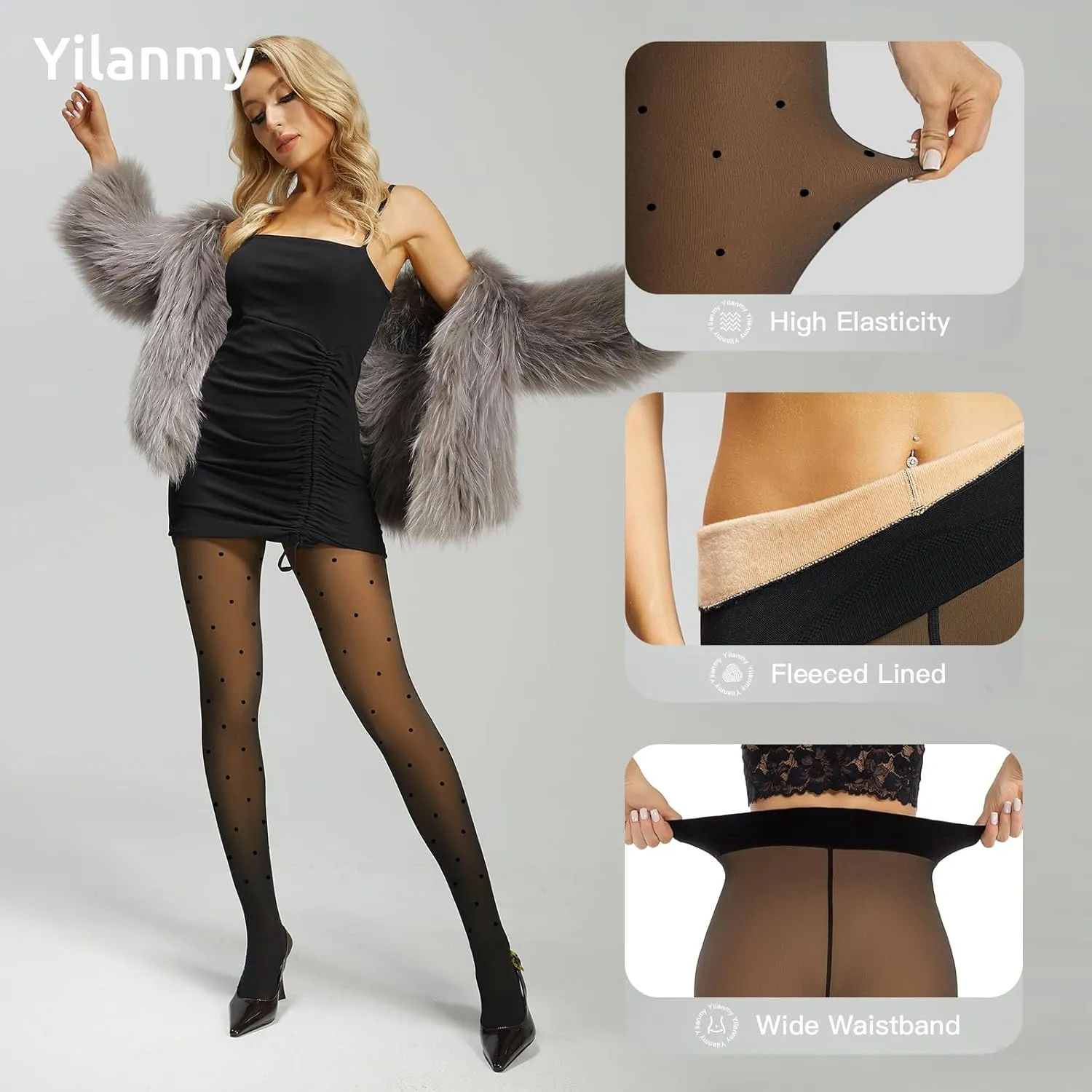 Yilanmy Fleece Lined Tights Fake Translucent Leggings 200g Sheer Thermal Pantyhose Skin Tone with Polka Dot for Women