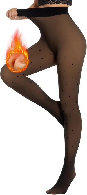Yilanmy Fleece Lined Tights Fake Translucent Leggings 200g Sheer Thermal Pantyhose Skin Tone with Polka Dot for Women