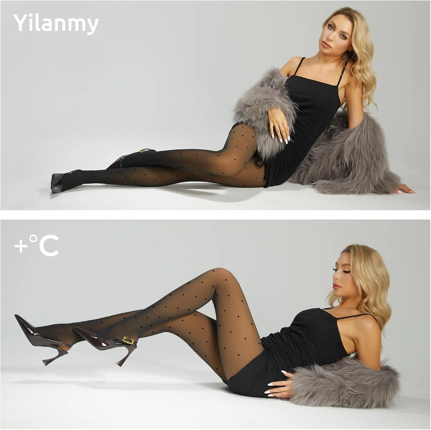 Yilanmy Fleece Lined Tights Fake Translucent Leggings 200g Sheer Thermal Pantyhose Skin Tone with Polka Dot for Women