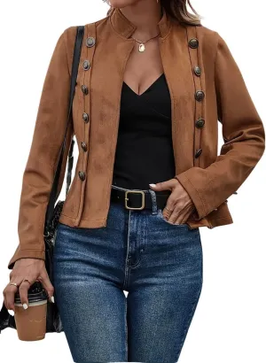 yoeasy Women's Faux Suede Leather Jacket Stand Collar Open Front Casual Long Sleeve Cropped Retro Moto Biker Coat