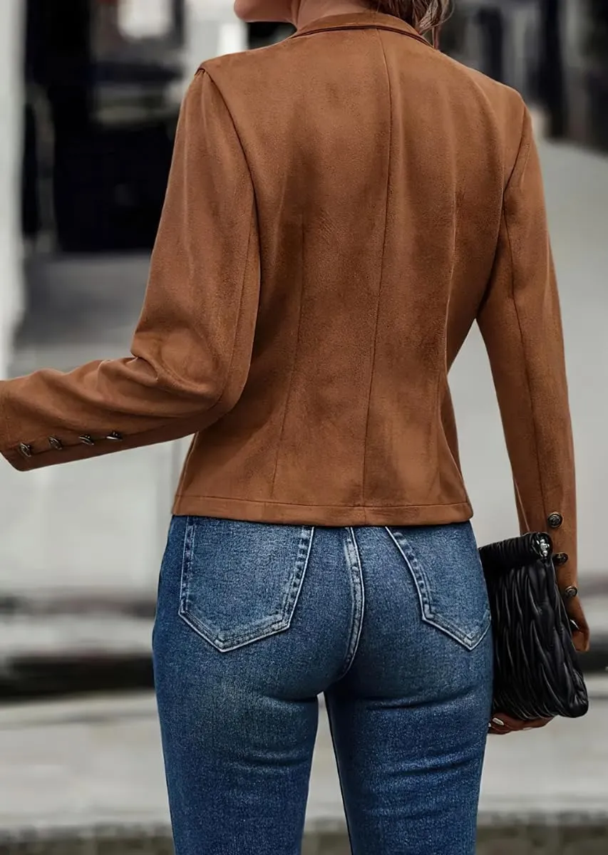 yoeasy Women's Faux Suede Leather Jacket Stand Collar Open Front Casual Long Sleeve Cropped Retro Moto Biker Coat