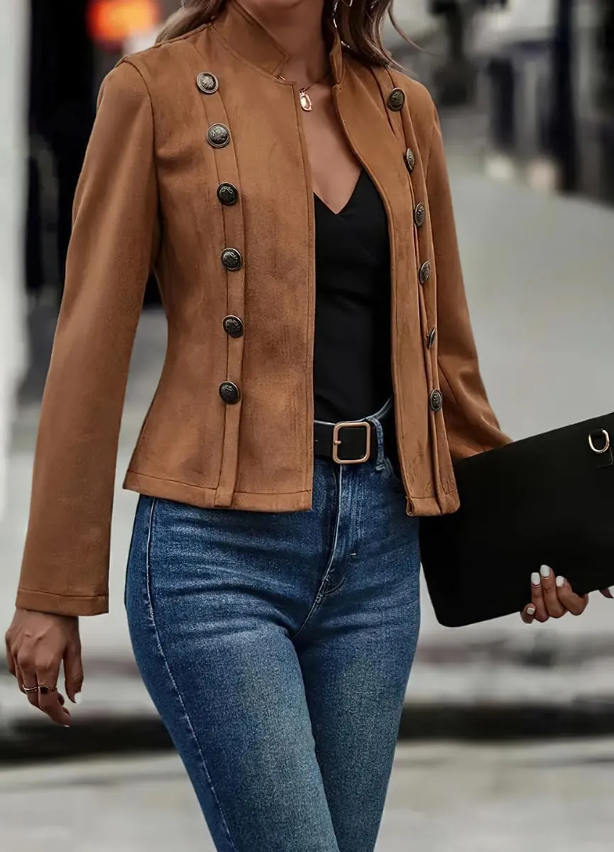 yoeasy Women's Faux Suede Leather Jacket Stand Collar Open Front Casual Long Sleeve Cropped Retro Moto Biker Coat