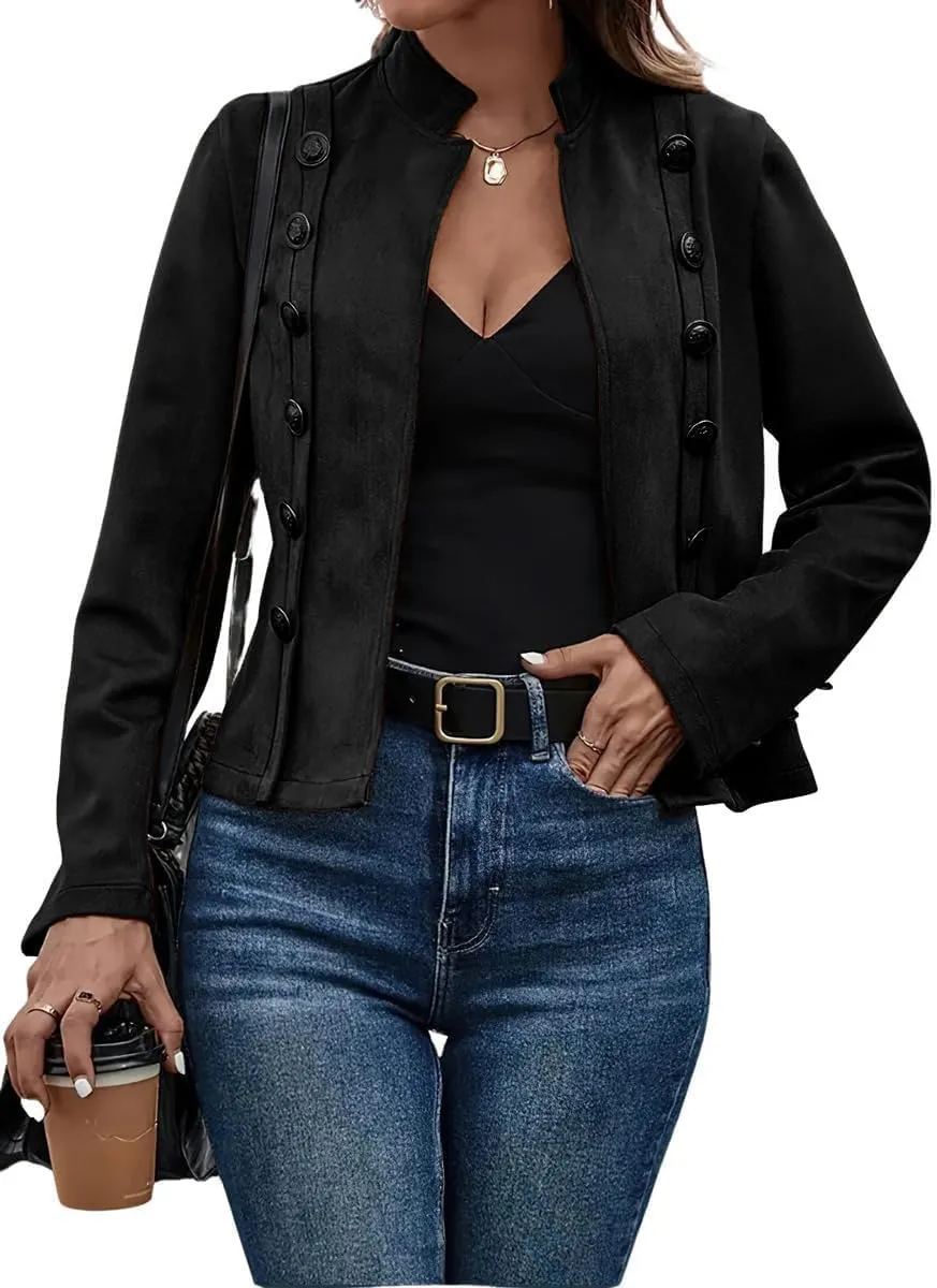 yoeasy Women's Faux Suede Leather Jacket Stand Collar Open Front Casual Long Sleeve Cropped Retro Moto Biker Coat