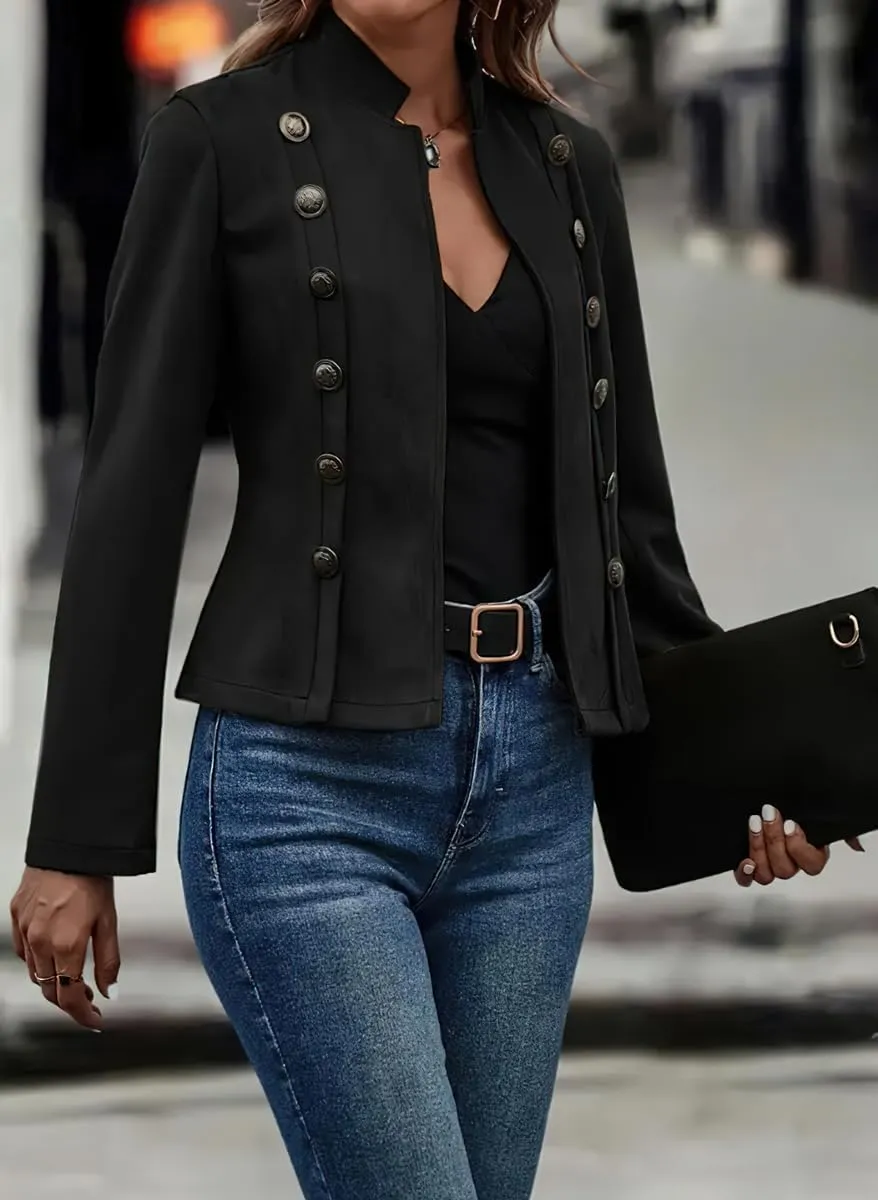 yoeasy Women's Faux Suede Leather Jacket Stand Collar Open Front Casual Long Sleeve Cropped Retro Moto Biker Coat