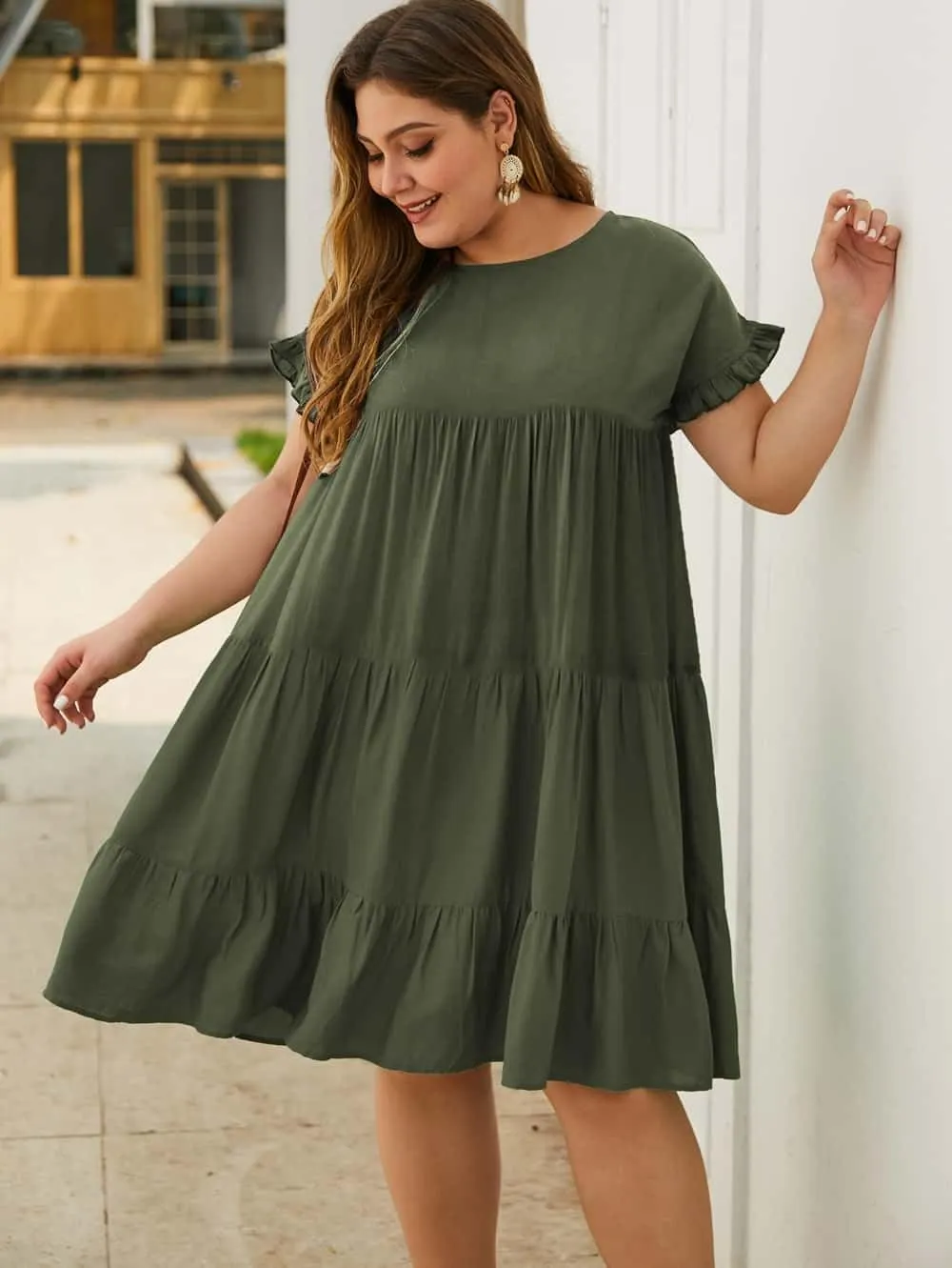 YOXUA Womens Plus Size Dress - Ruffle Short Sleeve Crewneck Color Block Loose Summer Beach Swing Dresses XL-4XL