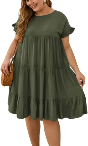 YOXUA Womens Plus Size Dress - Ruffle Short Sleeve Crewneck Color Block Loose Summer Beach Swing Dresses XL-4XL