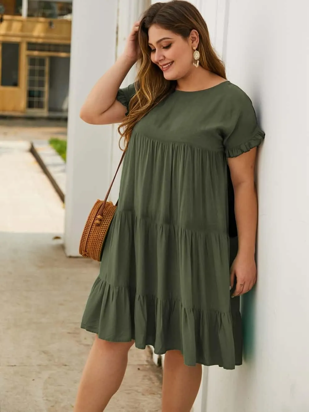 YOXUA Womens Plus Size Dress - Ruffle Short Sleeve Crewneck Color Block Loose Summer Beach Swing Dresses XL-4XL