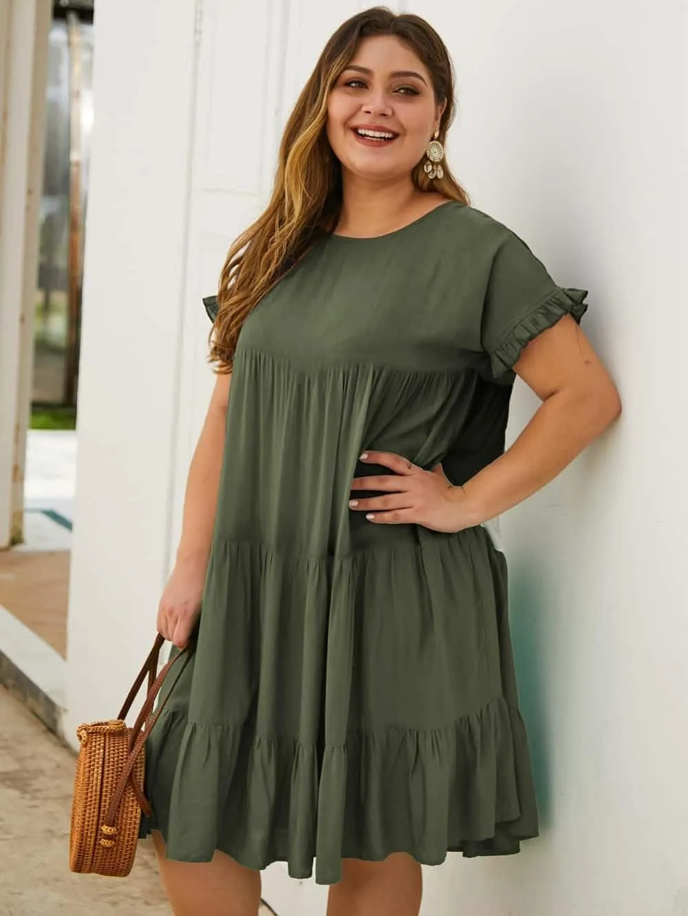 YOXUA Womens Plus Size Dress - Ruffle Short Sleeve Crewneck Color Block Loose Summer Beach Swing Dresses XL-4XL