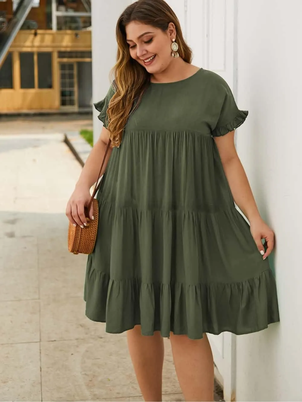 YOXUA Womens Plus Size Dress - Ruffle Short Sleeve Crewneck Color Block Loose Summer Beach Swing Dresses XL-4XL