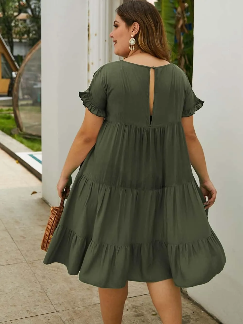 YOXUA Womens Plus Size Dress - Ruffle Short Sleeve Crewneck Color Block Loose Summer Beach Swing Dresses XL-4XL
