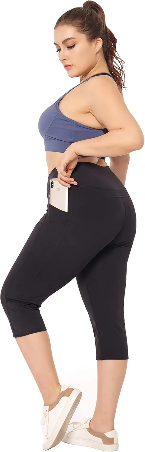 ZERDOCEAN Women's Plus Size Leggings Sports Capris with Pockets High Waisted Athletic Workout Yoga Tummy Control Pants
