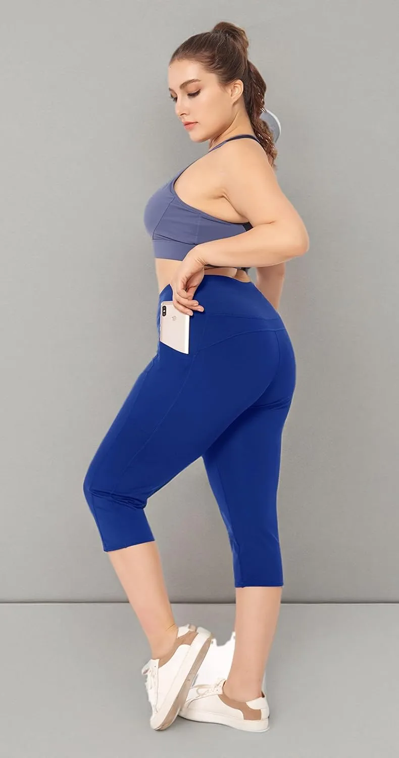 ZERDOCEAN Women's Plus Size Leggings Sports Capris with Pockets High Waisted Athletic Workout Yoga Tummy Control Pants