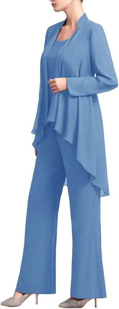 Zongqiven Women's Mother of The Bride Pant Suits 3 Pieces Chiffon Outfit Sets for Wedding Guest Evening Party Gowns