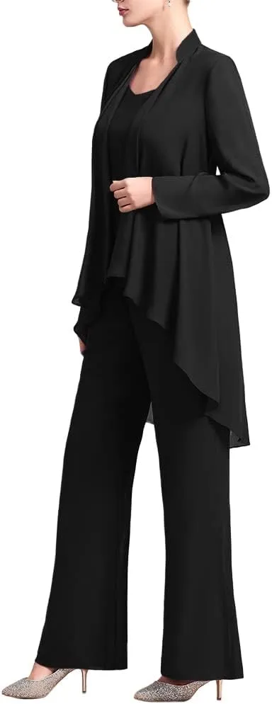 Zongqiven Women's Mother of The Bride Pant Suits 3 Pieces Chiffon Outfit Sets for Wedding Guest Evening Party Gowns