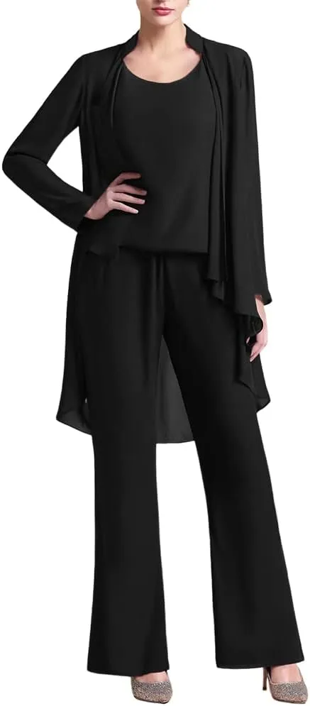 Zongqiven Women's Mother of The Bride Pant Suits 3 Pieces Chiffon Outfit Sets for Wedding Guest Evening Party Gowns