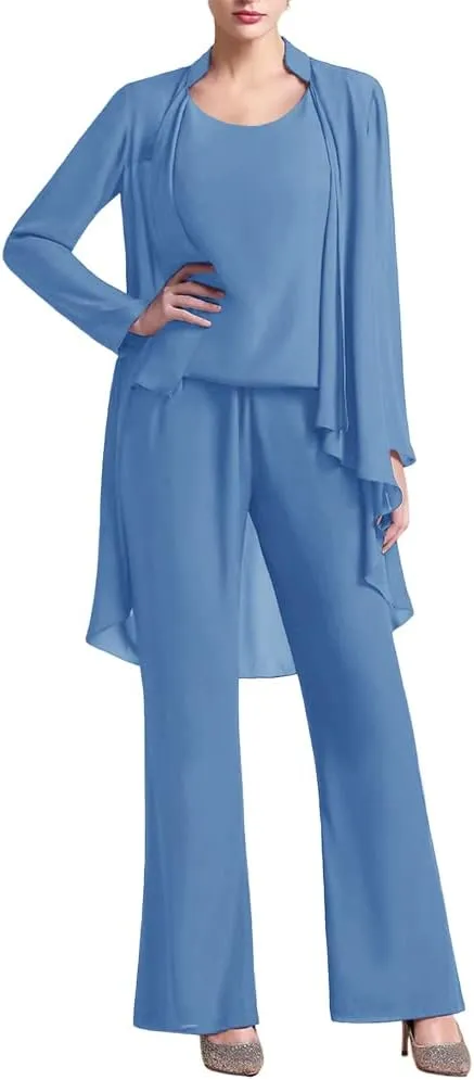 Zongqiven Women's Mother of The Bride Pant Suits 3 Pieces Chiffon Outfit Sets for Wedding Guest Evening Party Gowns