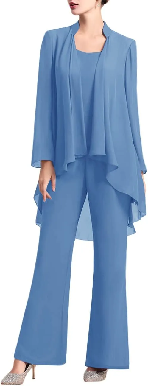 Zongqiven Women's Mother of The Bride Pant Suits 3 Pieces Chiffon Outfit Sets for Wedding Guest Evening Party Gowns