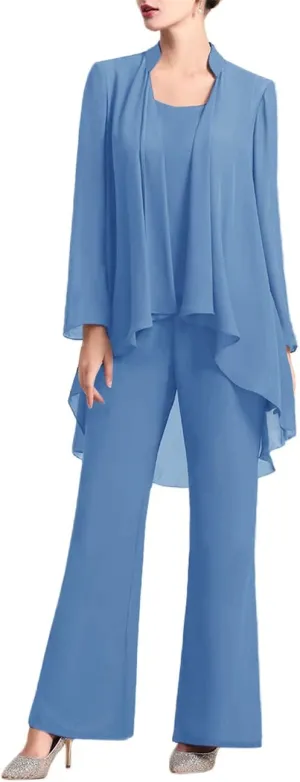 Zongqiven Women's Mother of The Bride Pant Suits 3 Pieces Chiffon Outfit Sets for Wedding Guest Evening Party Gowns